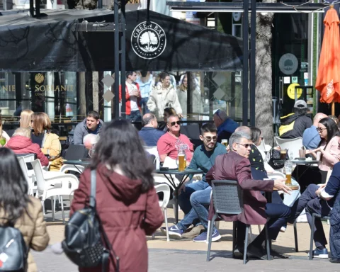 Sofia, Bulgaria - Apr 1 2021: People drinking enjoying the opened cafes and warm weather.