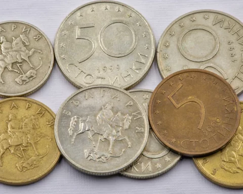 Used Bulgarian coins closeup against white.