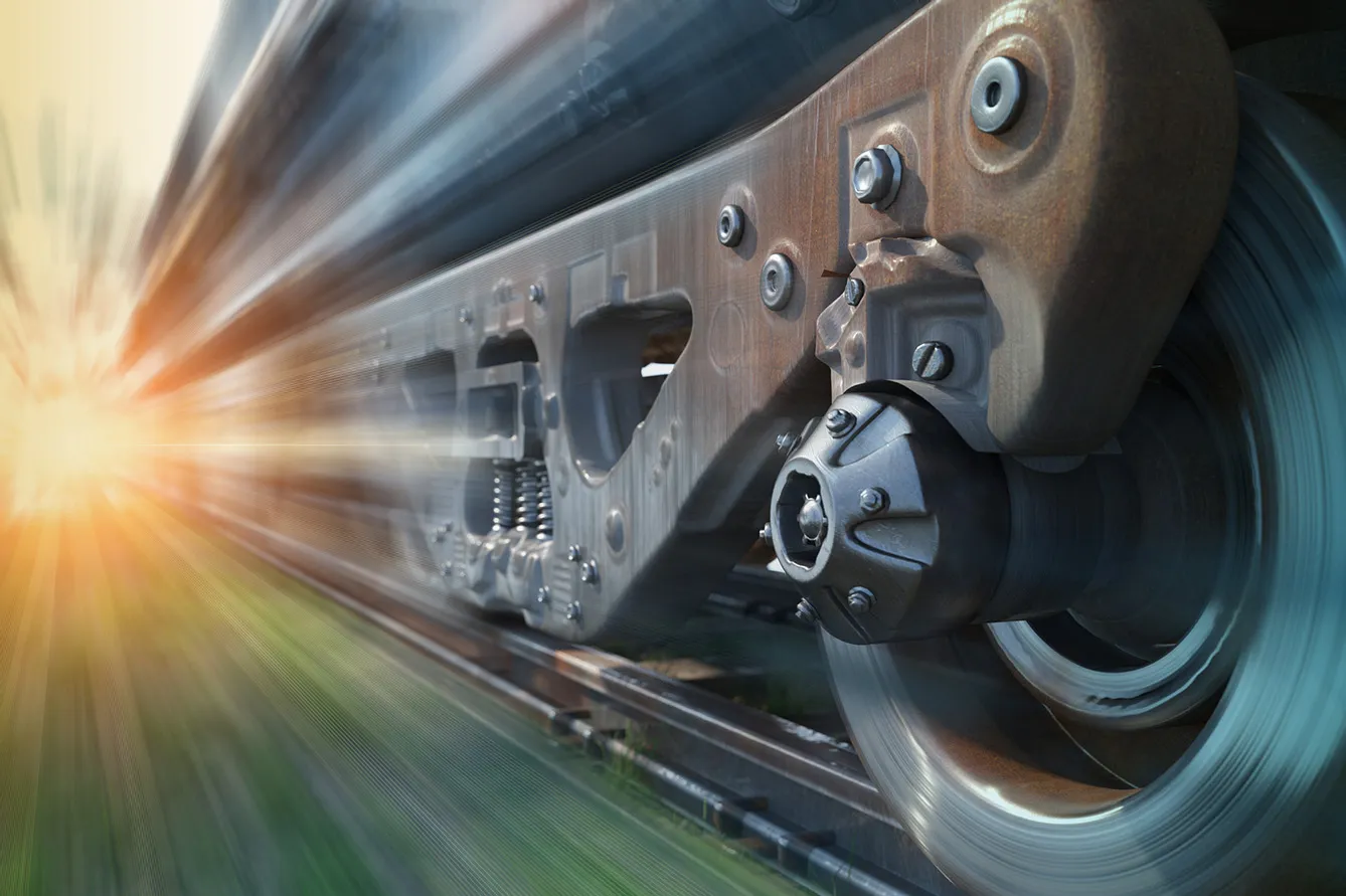 Industrial rail train wheels closeup technology perspective conceptual composition