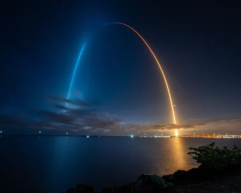 Long exposure of the SpaceX Crew-2 launch from Kennedy Space Center.