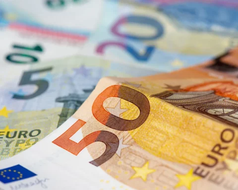 5, 10, 20 and 50 euro banknotes. Close-up view.