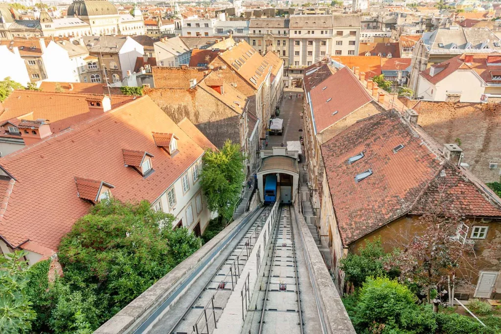 Panoramic view of Zagreb, Tomic street and Zagreb funicular connecting Lower and Upper historic parts of the city, Croatia.