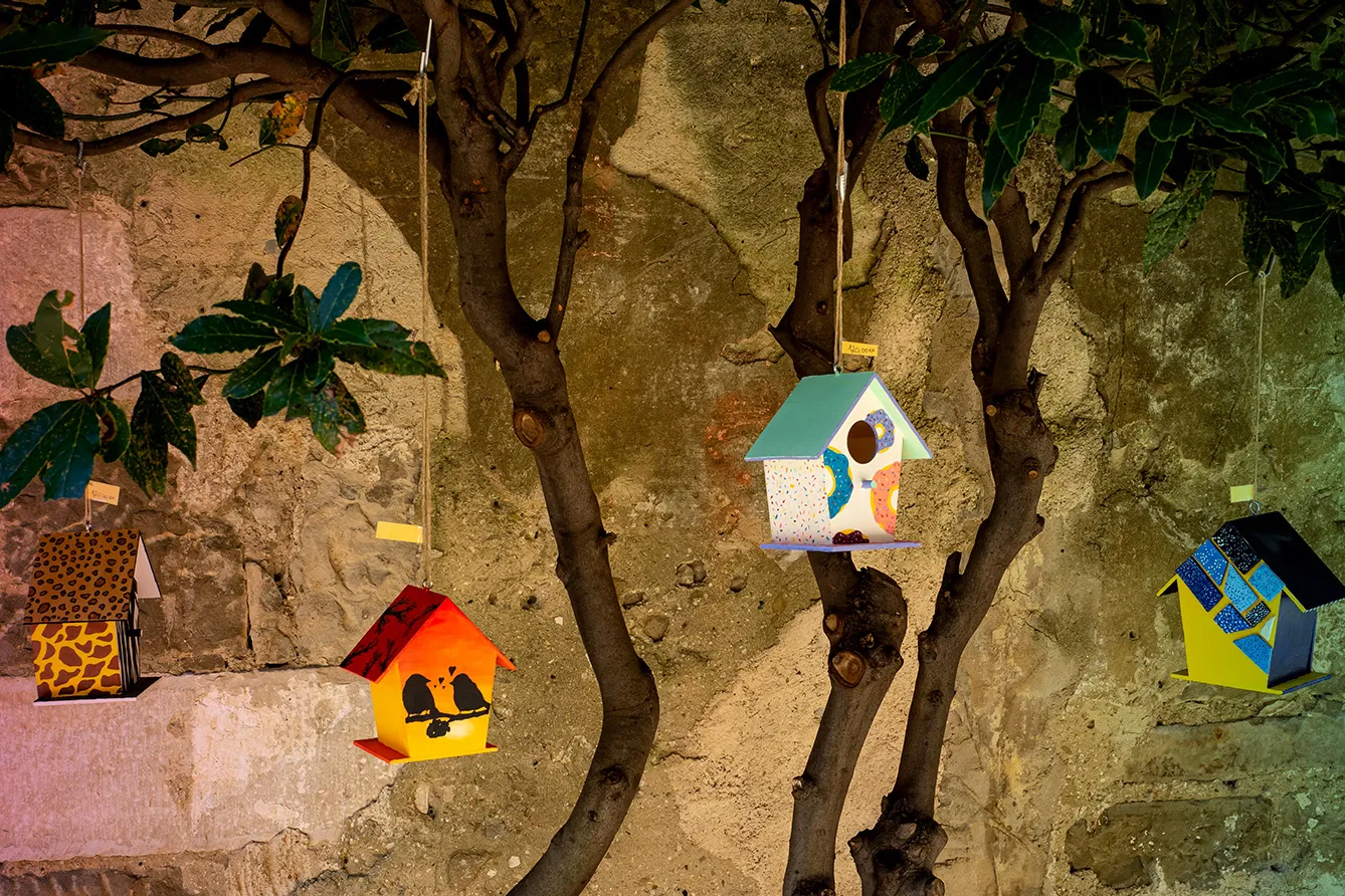Colorful birdhouses hanging on branches in front of a brown wall , Groznjan, Istra Croatia.