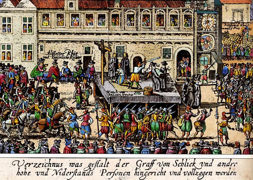 Execution of the Bohemian rebels in Prague's Old Town Square in 1621, contemporary woodcut.