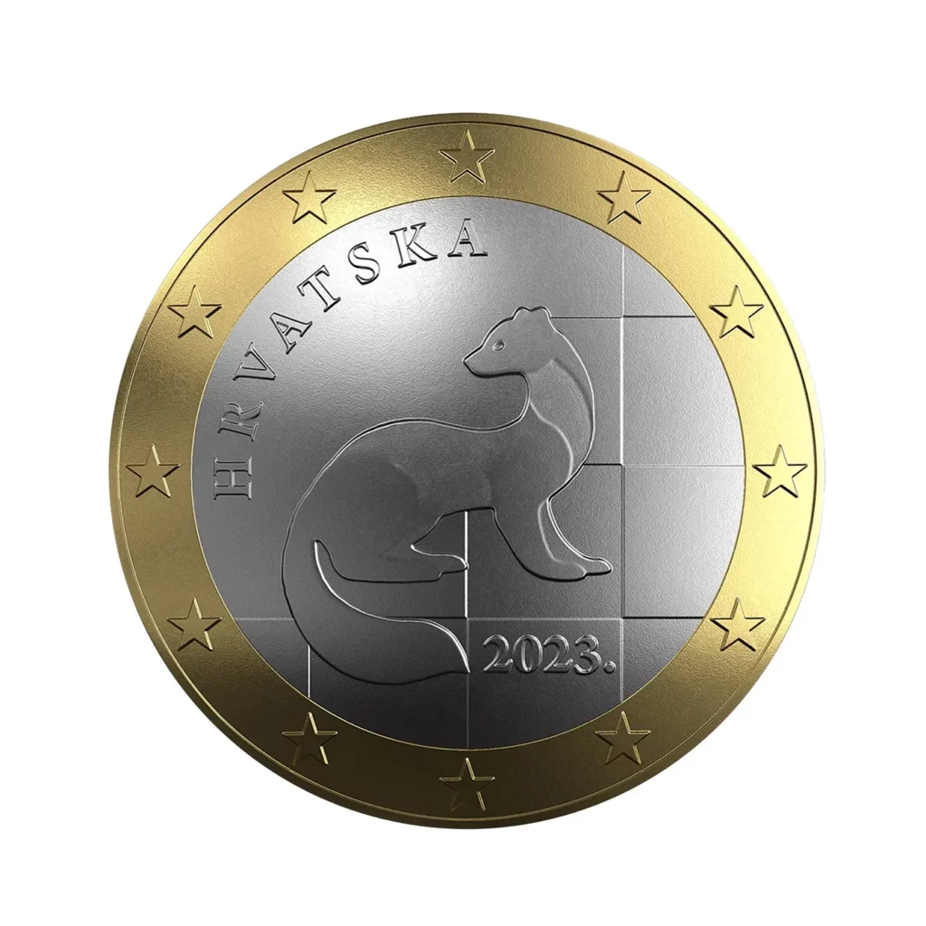 The 1 euro coin has a motif of a kuna (marten) with a chessboard in the background on the Croatian national side.