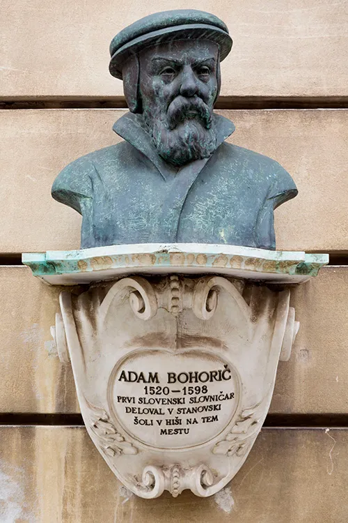 Ljubljana, Slovenia, Bust outside the Kresija Gallery of Adam Bohoric 1520-1598, Protestant preacher, author of first Slovene, or Slovenian, grammar.
