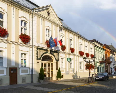 Historical town houses in the main square of Rimavska Sobota, Slovakia