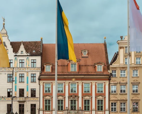 Wroclaw Market Square with Ukrainian flag