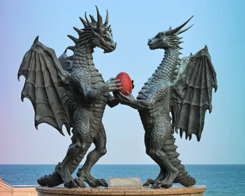 Dragons in Love sculpture in the Sea Garden at the coast of Black Sea in Varna, Bulgaria.