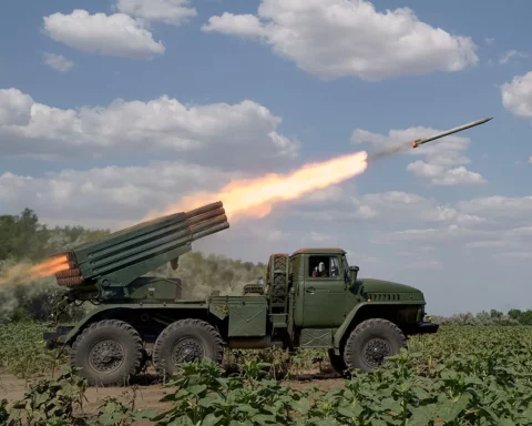 A Ukrainian multiple rocket launcher of the 59th brigade fires missiles on Russian targets on the frontline on July 7, 2022 in Mykolaiv, Ukraine. The Mykolaiv region became a symbol of resistance as Russian offensives were repelled.