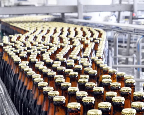 Beer filling in a brewery - conveyor belt with glass bottles.