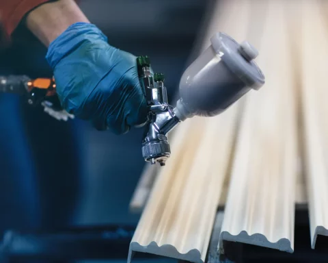 Painting wooden slats by an automatic spray.