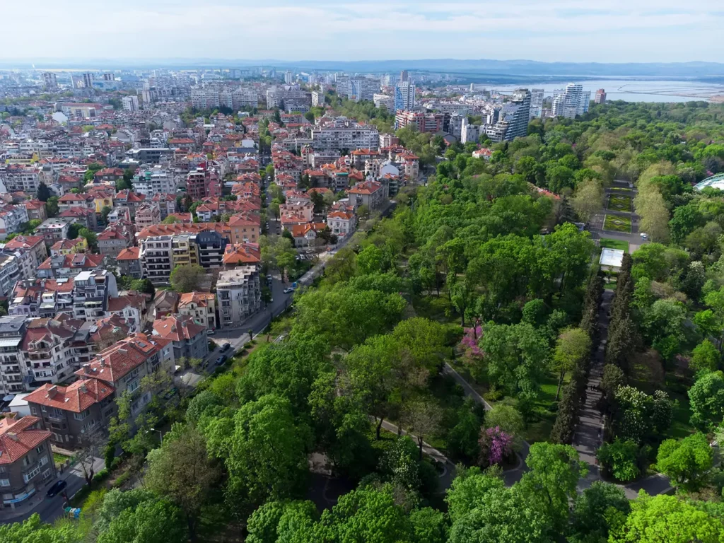 Aerial view of city of Burgas and Burgas sea garden, Bulgaria.