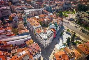 Panoramic view over the center of Burgas, Bulgaria, shot with drones