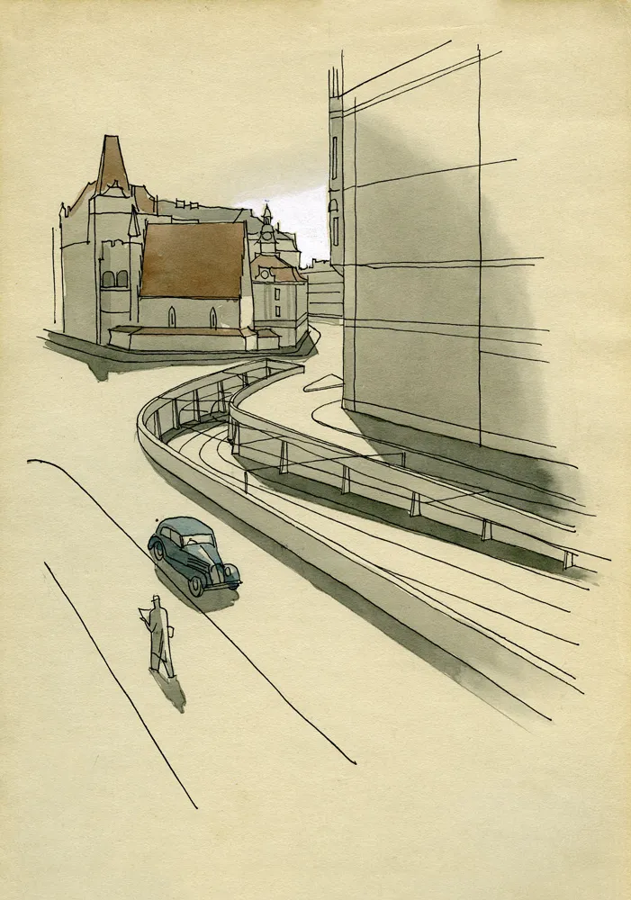 In 1939, Project D was created, the basis of which was a high-speed tramway system with tunnel sections in the city center. The photo shows the track ramp in front of the Staron Synagogue turning into a tunnel under Meiselova Street.