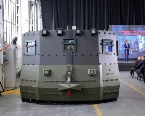 DOK-ING MV-3 HYSTRIX, a Prototype Counter Terrorism Robotic System is pictured during presentation in Zagreb, Croatia on April 26, 2023. The MV-3 is a multi-mission vehicle intended for support in counterterrorism, hostage release operations and social unrest crisis missions.