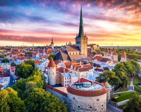 Tallinn Old Town aerial view from fat Margaret tower at sunset, Estonia.