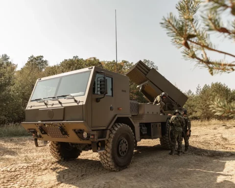 Photo of a rocket launcher vehicle with crew.
