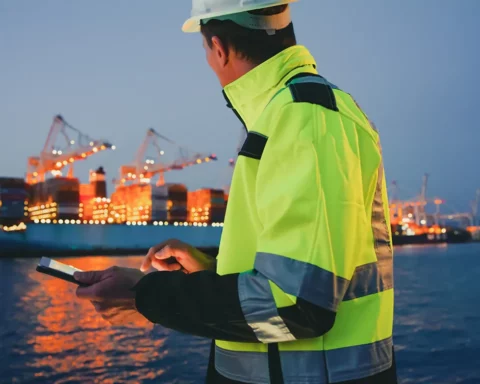 Foreperson in protective gear using digital tablet in front of container terminal port during night.
