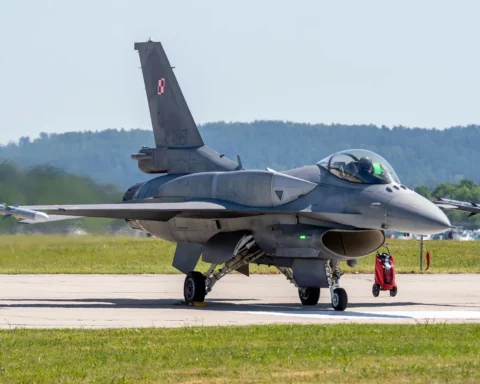 Swidwin, Poland-June 2019: F-16 C block 52 advanced aircraft belonging to the Tiger Demo Team of the Polish Air Force during preparation for a training flight.