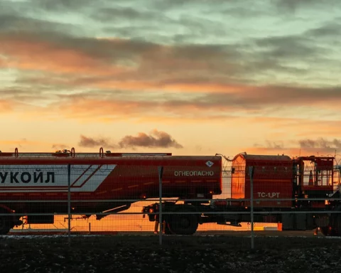Russia Tanker of the oil company Lukoil on the airfield of Sheremetyevo airport at sunset.