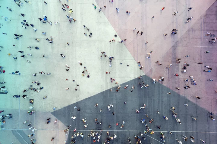 High angle view of people on street stock photo