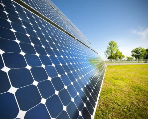 A closeup shot of a solar panel in a large solar power plant against some green trees.