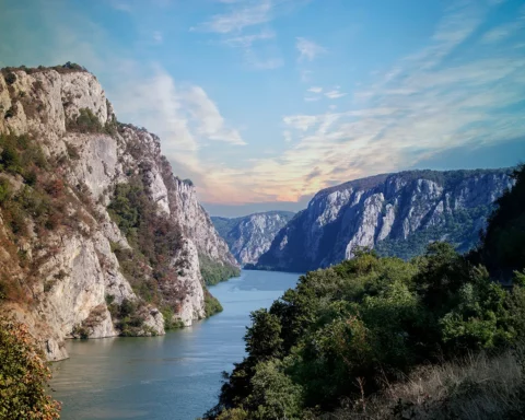 Danube river near the Serbian city of Donji Milanovac in the Iron Gates also known as Djerdap which are the Danube gorges a natural symbol of the border between Serbia and Romania.