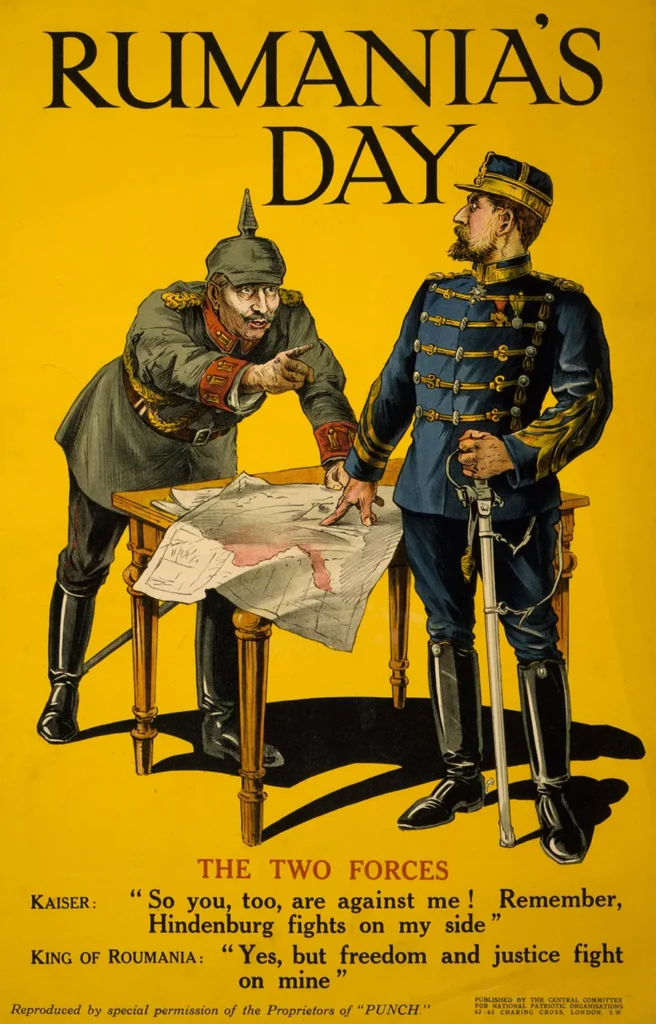 British WWI propaganda poster, welcoming Romania's decision to join the Entente.