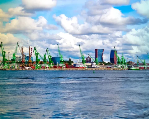View of the Klaipeda harbour with ships and cranes, Lithuania
