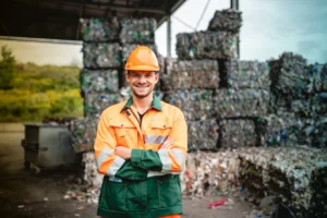 Close-up of smiling workman in protective suit and hardhat with arms crossed standing in front of stacks of bundled recyclables in Ljubljana.