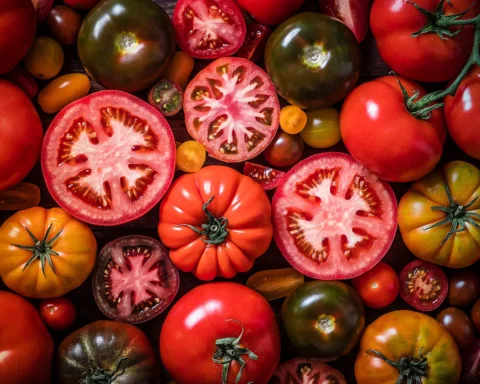 Top view of a background made with various kinds of tomatoes mixed by varieties, sizes and colors. Predominant colors are red, orange and yellow.