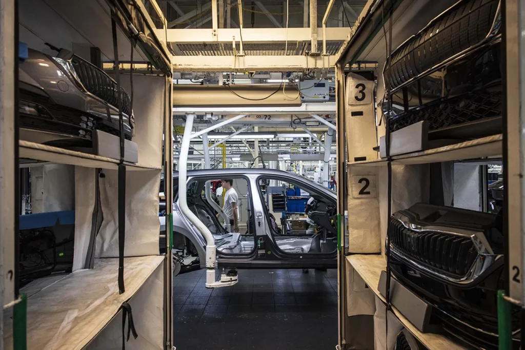 Inside Skoda Auto AS Enyaq Electric Vehicle Manufacturing Facility. The front car grilles for Skoda vehicles on the production line at the Skoda Auto AS manufacturing plant in Mlada Boleslav, Czech Republic.