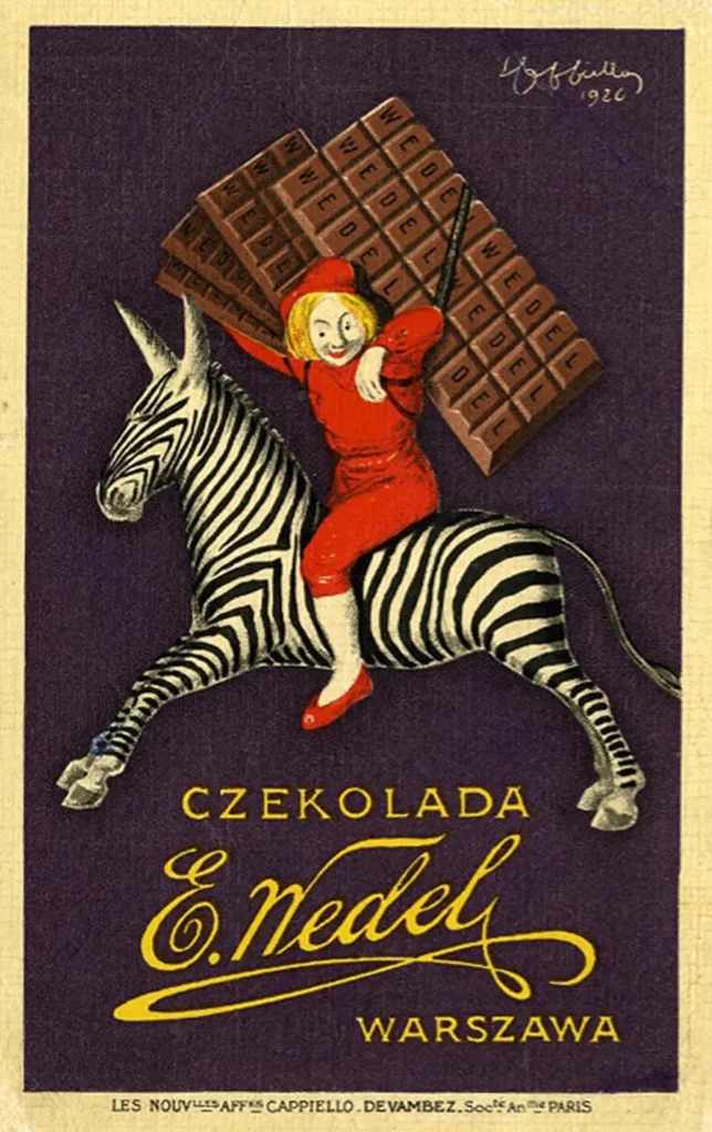 E. Wedel advertisement, boy on zebra by Leonetto Cappiello.