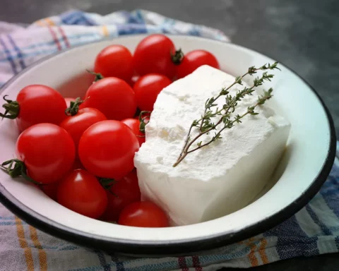 Bowl with tasty bulgarian cheese and tomatoes on grey background