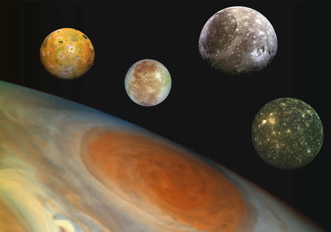 Jupiter and its four largest moons. From left to right, the moons are Io, Europa, Ganymede and Callisto.