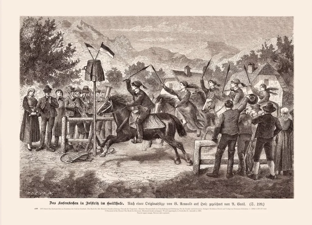 Kufenstechen in Feistritz an der Gail in Carinthia, Austria. Engraving of 1896. Kufenstechen is a traditional Slovene mounted folk game, a form of jousting, that has been preserved in the southern Austrian state of Carinthia. It is held during Kirchweih festivals in the lower Gail Valley, where it has become a major tourist attraction.