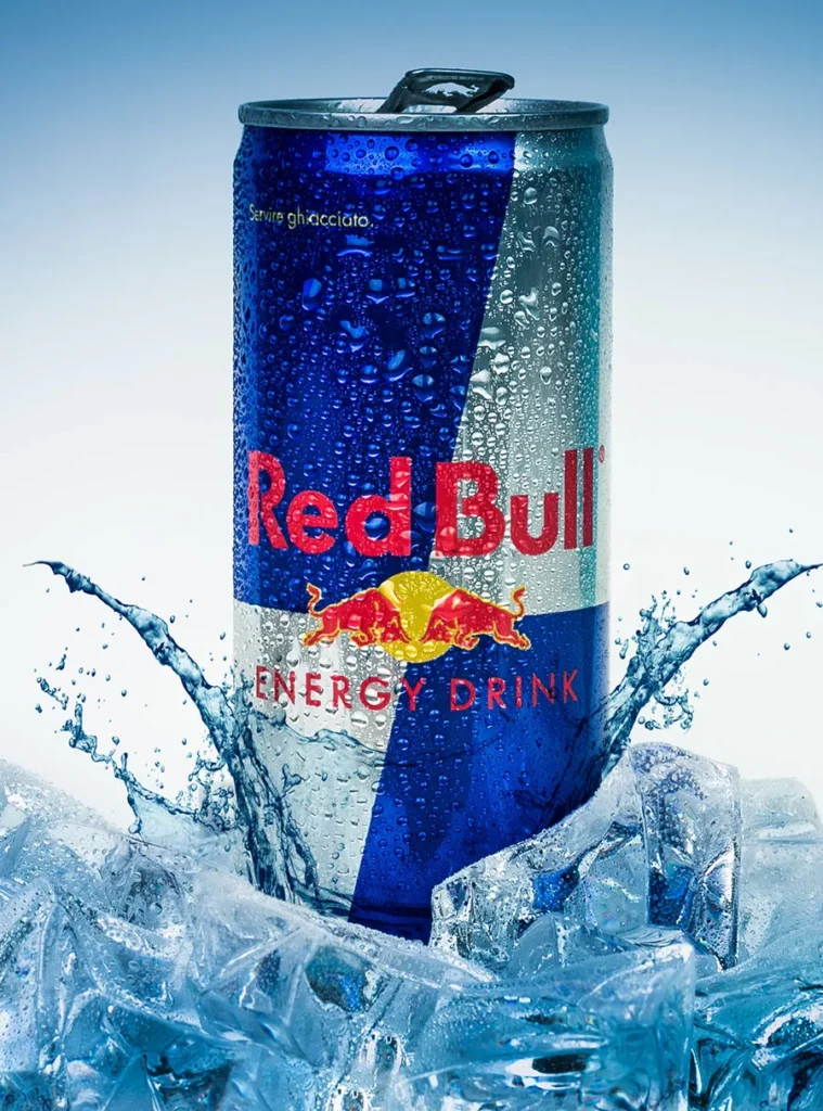 Aluminium can of Red Bull Energy drink on ice