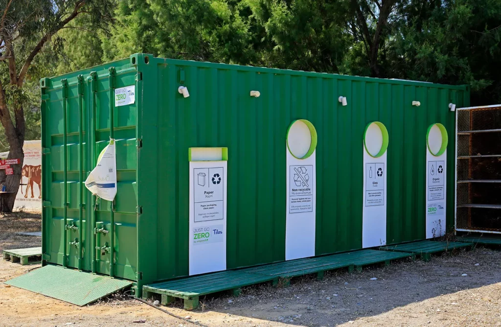 Converted container recycling station, Eristos beach, Tilos island.