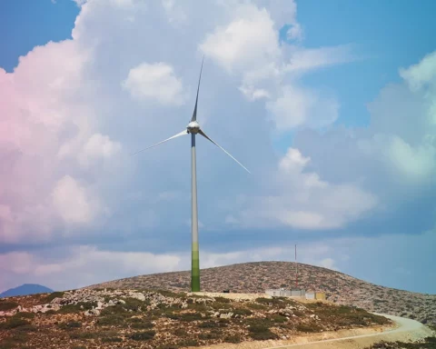 The large wind turbine on the coast of the Greek island of Tilos. The island aims to become self sufficient in power through wind and solar panel technology.